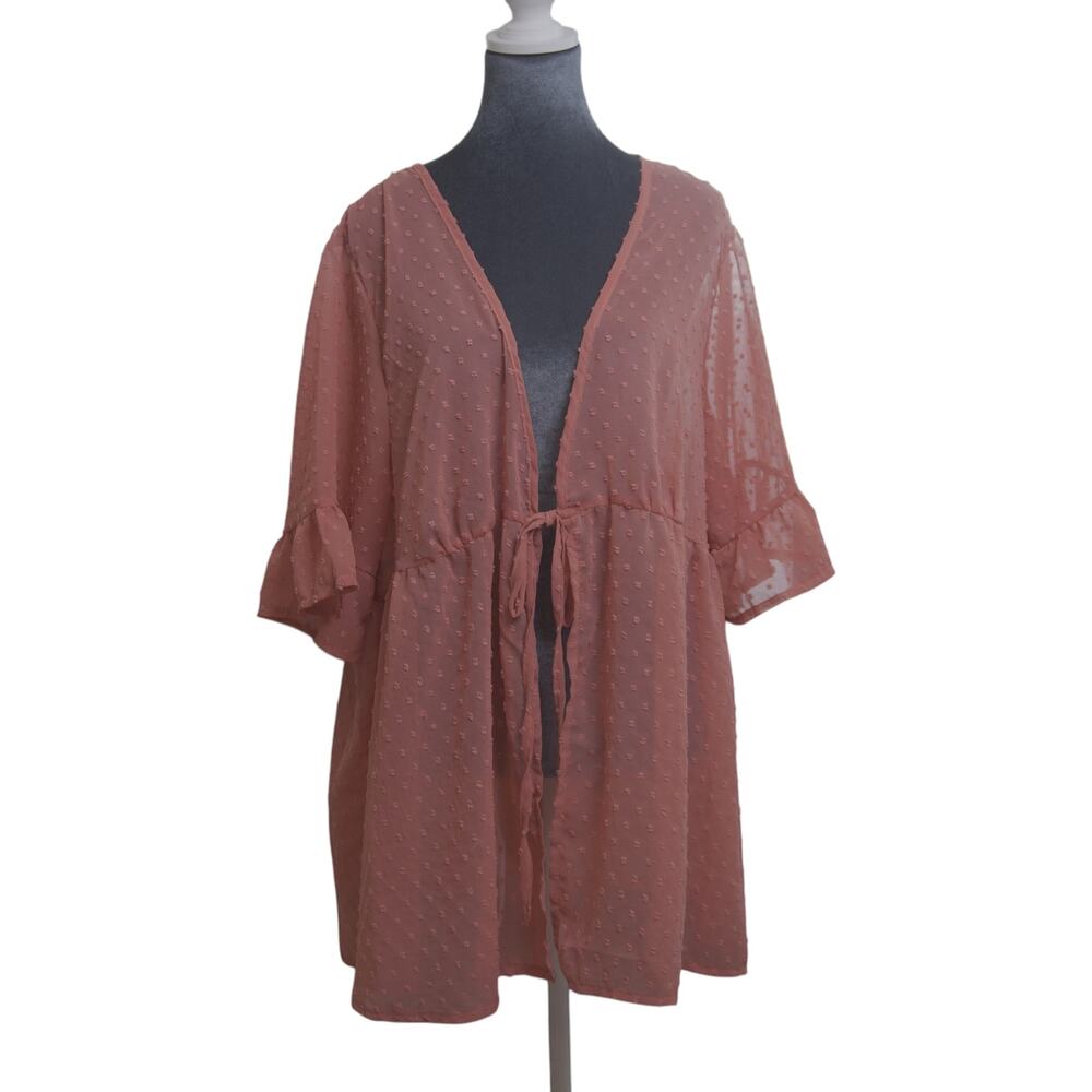 Plus Size 3XL Dusty Pink Sheer Swiss Dot Tie Front Babydoll Top - Picture 3 of 9